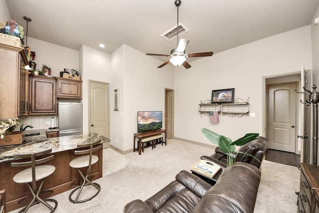 13810 Lake Prt, Cypress, TX 77429 - living area featuring ceiling fan, light colored carpet, and recessed lighting