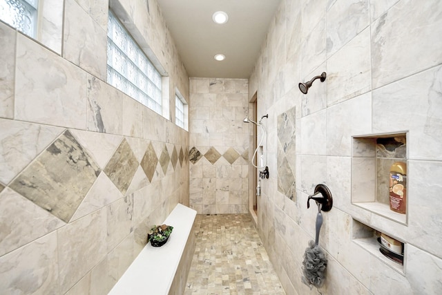 13810 Lake Prt, Cypress, TX 77429 - bathroom featuring a tile shower and recessed lighting