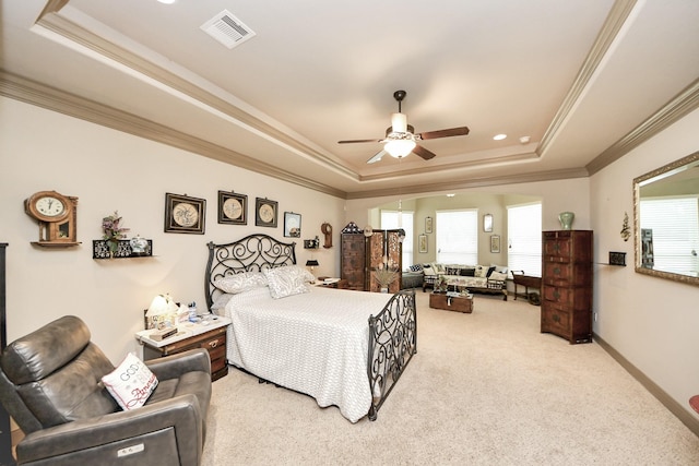 13810 Lake Prt, Cypress, TX 77429 - bedroom with a raised ceiling, ornamental molding, carpet, and ceiling fan