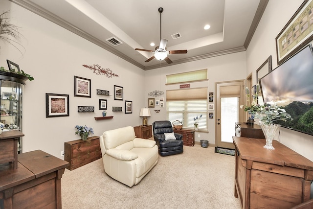 13810 Lake Prt, Cypress, TX 77429 - sitting room with carpet floors, a tray ceiling, a ceiling fan, crown molding, and recessed lighting