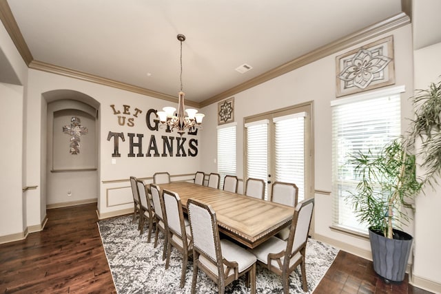 13810 Lake Prt, Cypress, TX 77429 - dining room featuring a chandelier, dark wood-style floors, and ornamental molding