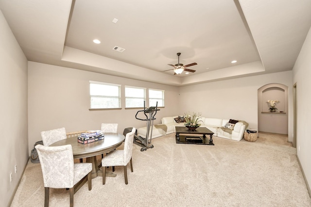 13810 Lake Prt, Cypress, TX 77429 - dining space with a tray ceiling, carpet, ceiling fan, and recessed lighting