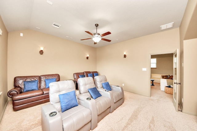 13810 Lake Prt, Cypress, TX 77429 - cinema room featuring light colored carpet, a ceiling fan, and vaulted ceiling