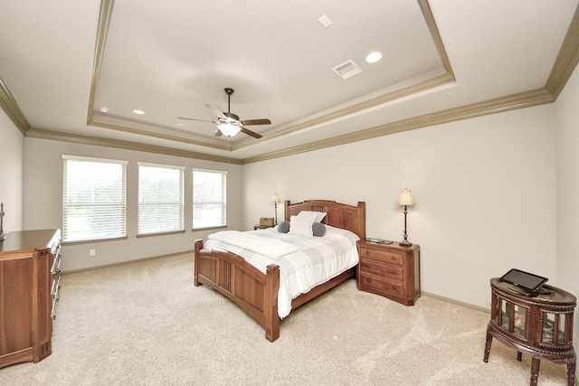 13810 Lake Prt, Cypress, TX 77429 - bedroom featuring a raised ceiling, ornamental molding, light carpet, recessed lighting, and ceiling fan