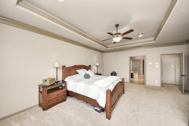 13810 Lake Prt, Cypress, TX 77429 - bedroom with a raised ceiling, crown molding, light colored carpet, and a ceiling fan