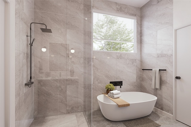 3914 Tulane St, Houston, TX 77018 - full bath featuring tiled shower, a freestanding tub, and marble finish flooring