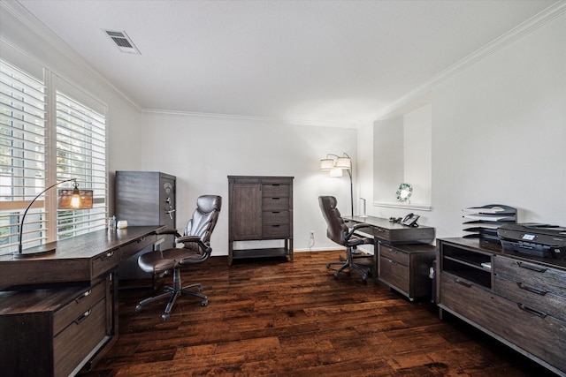 4107 Wentworth Dr, Fulshear, TX 77441 - office area with ornamental molding and dark wood finished floors