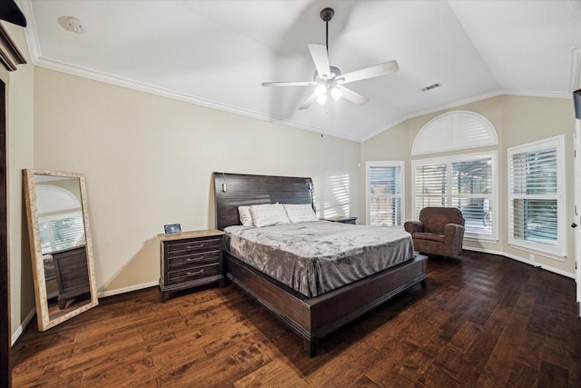4107 Wentworth Dr, Fulshear, TX 77441 - bedroom featuring vaulted ceiling, dark wood-style flooring, crown molding, and a ceiling fan