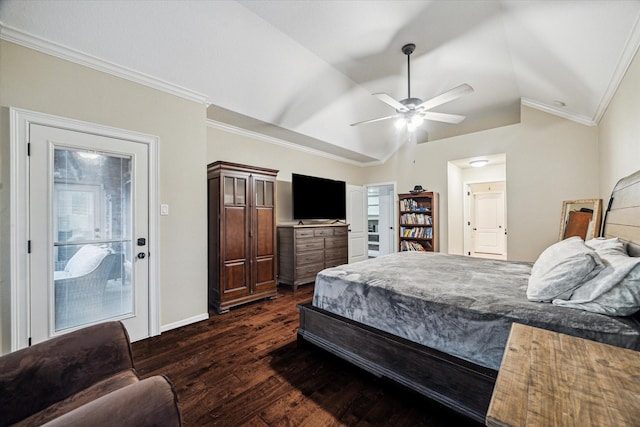 4107 Wentworth Dr, Fulshear, TX 77441 - bedroom featuring dark wood-type flooring, ornamental molding, lofted ceiling, a ceiling fan, and access to exterior