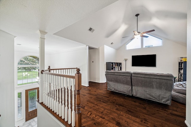 4107 Wentworth Dr, Fulshear, TX 77441 - living area with a ceiling fan, plenty of natural light, wood finished floors, and lofted ceiling
