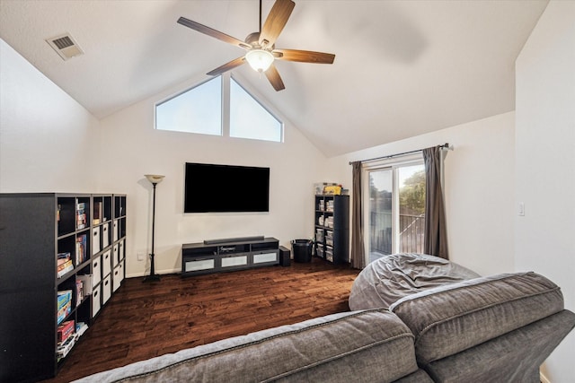 4107 Wentworth Dr, Fulshear, TX 77441 - living room featuring a ceiling fan, vaulted ceiling, and wood finished floors