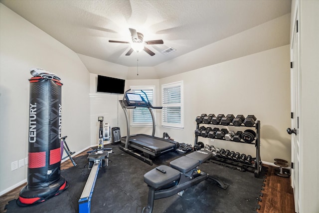 4107 Wentworth Dr, Fulshear, TX 77441 - workout room with a ceiling fan and a textured ceiling