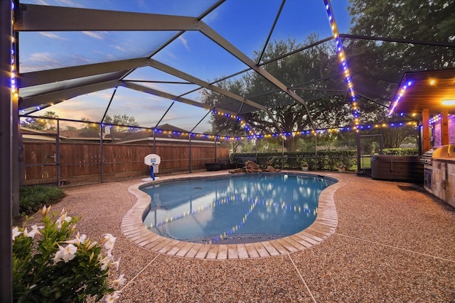 4107 Wentworth Dr, Fulshear, TX 77441 - view of swimming pool featuring a fenced backyard, glass enclosure, a grill, and a patio