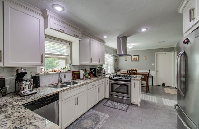 9818 Emnora Ln, Houston, TX 77080 - kitchen featuring stainless steel appliances, island exhaust hood, plenty of natural light, ornamental molding, and backsplash