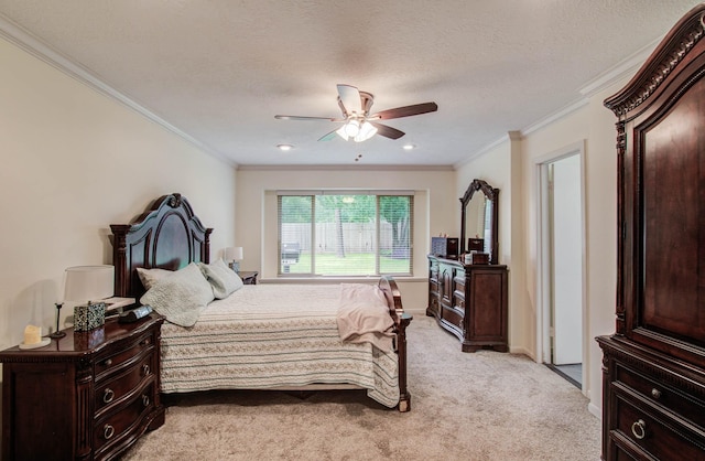 9818 Emnora Ln, Houston, TX 77080 - bedroom with light carpet, crown molding, and ceiling fan