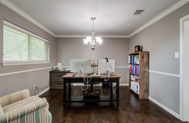 9818 Emnora Ln, Houston, TX 77080 - home office featuring wood finished floors, a chandelier, and crown molding