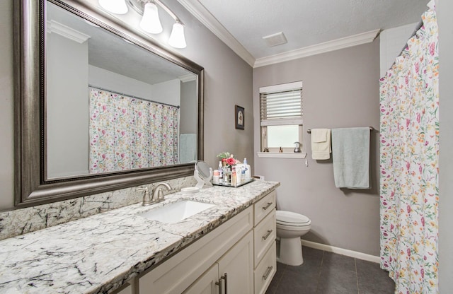 9818 Emnora Ln, Houston, TX 77080 - full bath with crown molding, vanity, tile patterned flooring, and curtained shower