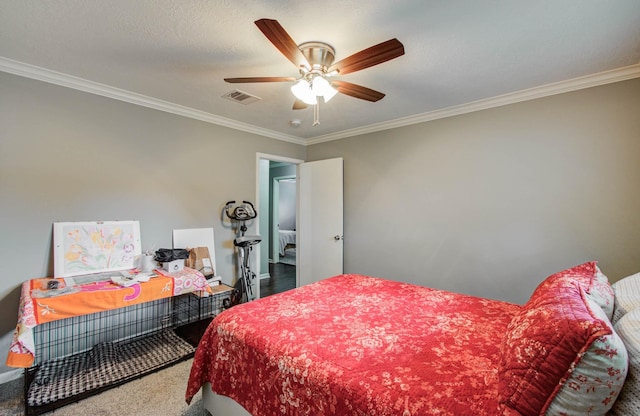 9818 Emnora Ln, Houston, TX 77080 - carpeted bedroom featuring ornamental molding and ceiling fan