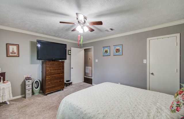 9818 Emnora Ln, Houston, TX 77080 - bedroom with carpet flooring, a ceiling fan, crown molding, and a textured ceiling