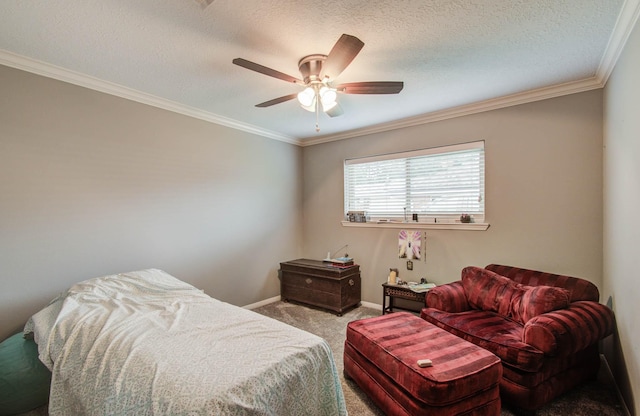 9818 Emnora Ln, Houston, TX 77080 - carpeted bedroom with ornamental molding, a ceiling fan, and a textured ceiling