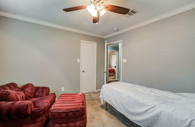 9818 Emnora Ln, Houston, TX 77080 - bedroom with light colored carpet, ornamental molding, and ceiling fan