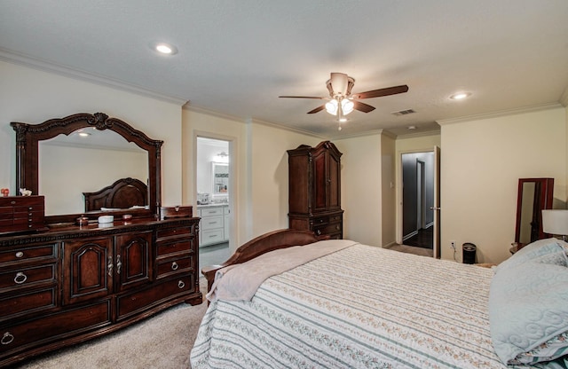 9818 Emnora Ln, Houston, TX 77080 - bedroom with light colored carpet, ornamental molding, recessed lighting, ensuite bath, and ceiling fan