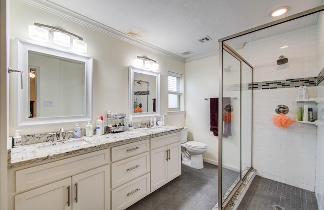 9818 Emnora Ln, Houston, TX 77080 - full bath with a shower stall, double vanity, ornamental molding, tile patterned flooring, and a textured ceiling