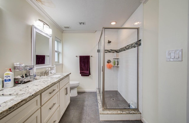 9818 Emnora Ln, Houston, TX 77080 - bathroom featuring double vanity, a shower stall, ornamental molding, and tile patterned floors
