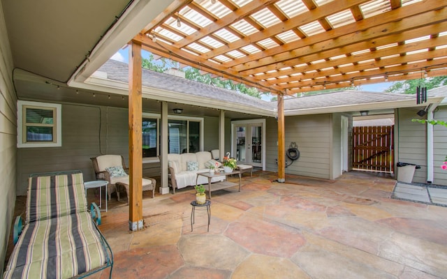 9818 Emnora Ln, Houston, TX 77080 - view of patio featuring french doors, a pergola, and an outdoor hangout area