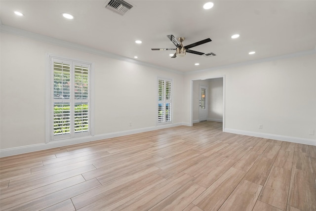 3815 Latma Dr, Houston, TX 77025 - unfurnished room featuring crown molding, plenty of natural light, ceiling fan, recessed lighting, and light wood-style flooring
