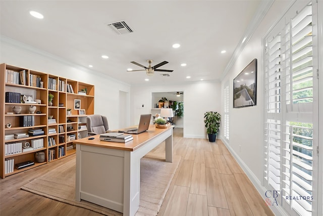 3815 Latma Dr, Houston, TX 77025 - home office with ornamental molding, ceiling fan, light wood-style floors, and recessed lighting