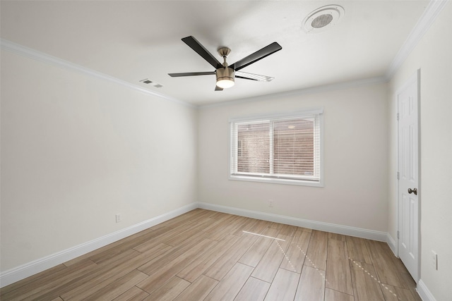 3815 Latma Dr, Houston, TX 77025 - spare room featuring a ceiling fan, ornamental molding, and light wood-style flooring