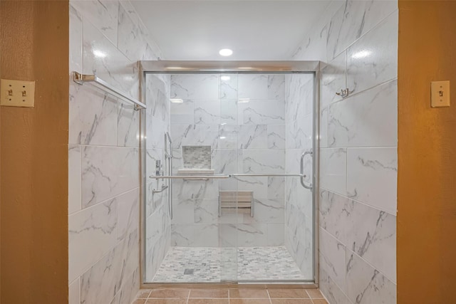 2823 W Pebble Beach Dr, Missouri City, TX 77459 - full bathroom featuring a marble finish shower and recessed lighting