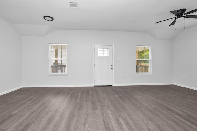 4412 Sayers St, Houston, TX 77026 - unfurnished living room featuring lofted ceiling, wood finished floors, and a ceiling fan
