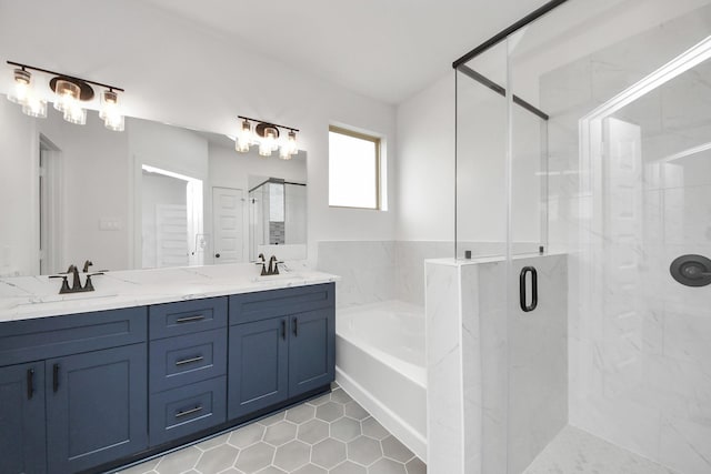 5318 Latigo Ct, Alvin, TX 77511 - full bath with a bath, a marble finish shower, double vanity, and tile patterned flooring