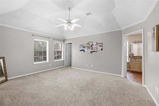 3327 Shady Glen Ln, Missouri City, TX 77459 - unfurnished bedroom featuring light colored carpet, lofted ceiling, ornamental molding, ensuite bathroom, and ceiling fan