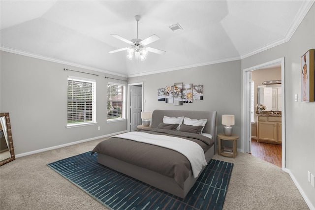 3327 Shady Glen Ln, Missouri City, TX 77459 - bedroom with carpet, lofted ceiling, crown molding, ceiling fan, and ensuite bath
