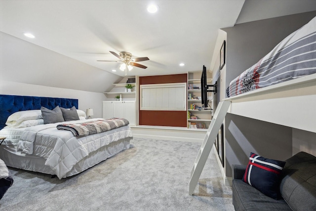 206 Lakemere St, Houston, TX 77079 - bedroom featuring carpet, recessed lighting, vaulted ceiling, and ceiling fan