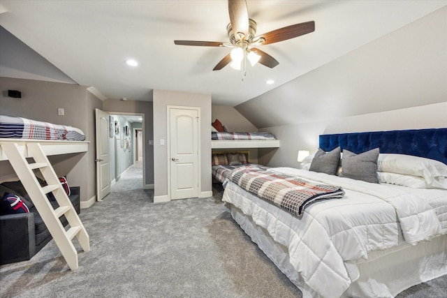 206 Lakemere St, Houston, TX 77079 - carpeted bedroom featuring vaulted ceiling, recessed lighting, and a ceiling fan