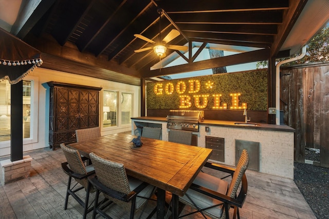 206 Lakemere St, Houston, TX 77079 - view of patio with area for grilling, a ceiling fan, a gazebo, and outdoor dining space