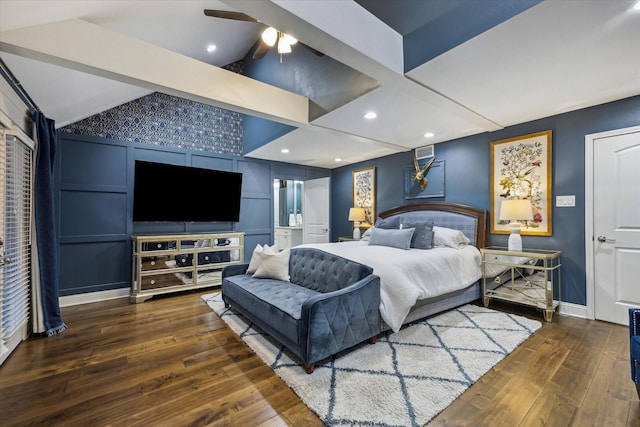 206 Lakemere St, Houston, TX 77079 - bedroom featuring hardwood / wood-style flooring, lofted ceiling, and recessed lighting
