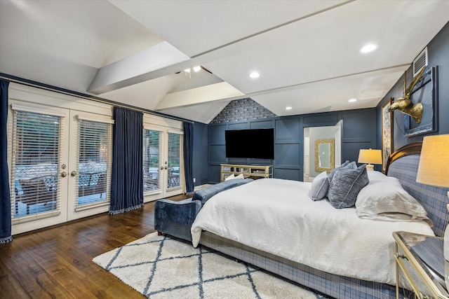 206 Lakemere St, Houston, TX 77079 - bedroom featuring french doors, access to exterior, lofted ceiling, wood finished floors, and ensuite bath