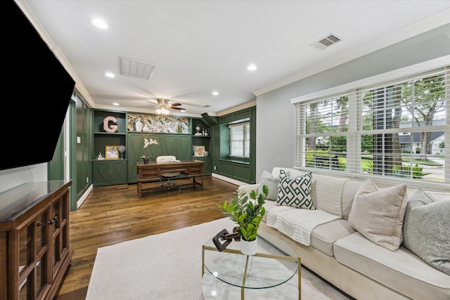206 Lakemere St, Houston, TX 77079 - living area with ornamental molding, dark wood-style floors, a ceiling fan, and recessed lighting