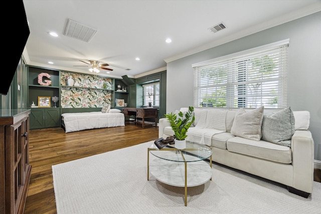 206 Lakemere St, Houston, TX 77079 - living room featuring ornamental molding, wood finished floors, ceiling fan, and recessed lighting