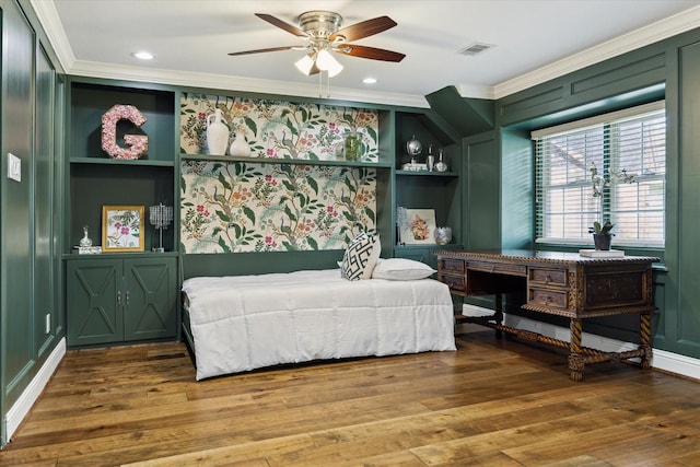 206 Lakemere St, Houston, TX 77079 - bedroom with crown molding, wood finished floors, a ceiling fan, recessed lighting, and an office area