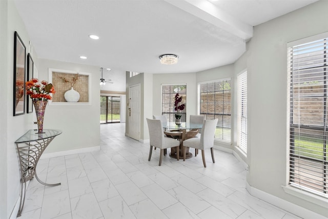 13530 Sharpbill Dr, Houston, TX 77083 - dining area with marble finish floors, recessed lighting, and ceiling fan