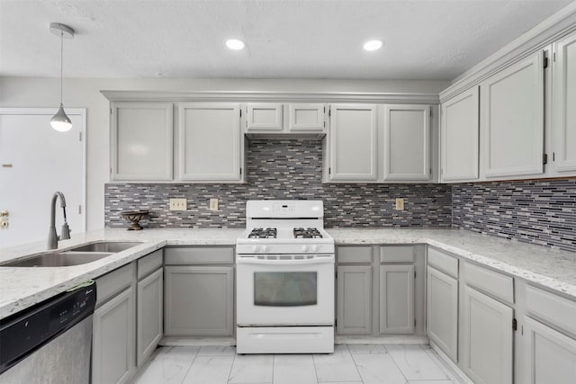 13530 Sharpbill Dr, Houston, TX 77083 - kitchen with dishwasher, white gas range, light marble finish flooring, gray cabinets, and recessed lighting