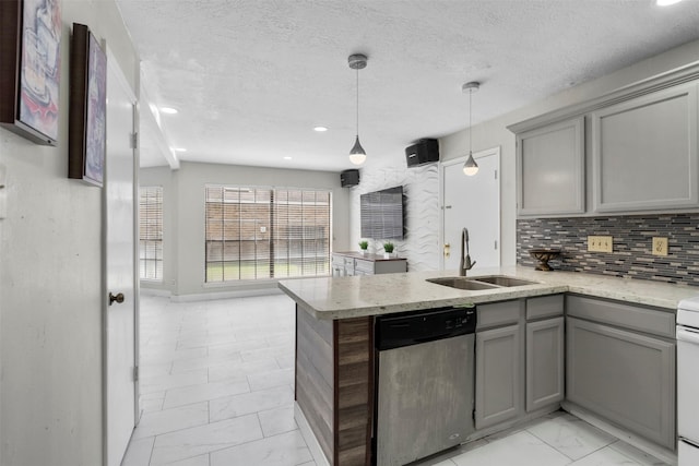 13530 Sharpbill Dr, Houston, TX 77083 - kitchen with stainless steel dishwasher, gray cabinets, light marble finish floors, a peninsula, and recessed lighting