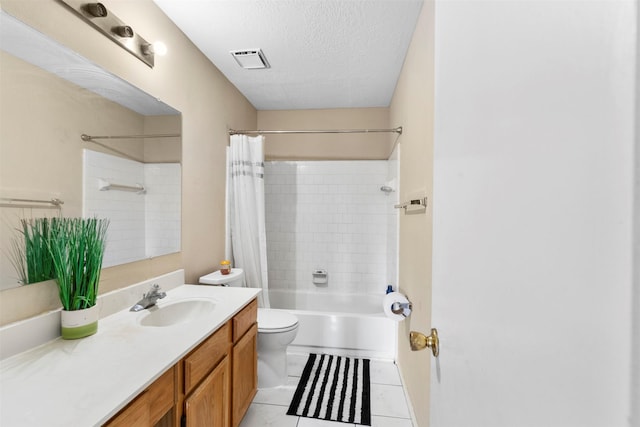 13530 Sharpbill Dr, Houston, TX 77083 - bathroom with vanity, shower / tub combo with curtain, a textured ceiling, and tile patterned flooring
