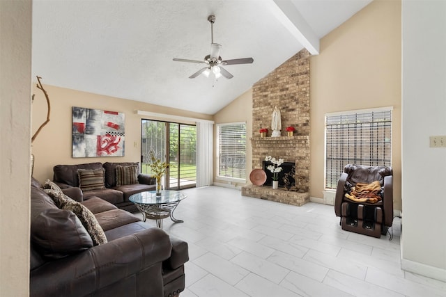 13530 Sharpbill Dr, Houston, TX 77083 - living area with ceiling fan, high vaulted ceiling, a brick fireplace, marble look tiles, and beamed ceiling